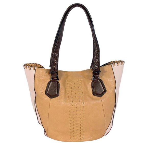 orYANY Lyssie XL Colorblock Tan/Pink/Brown Pebbled Leather Tote Bag - Picture 1 of 8